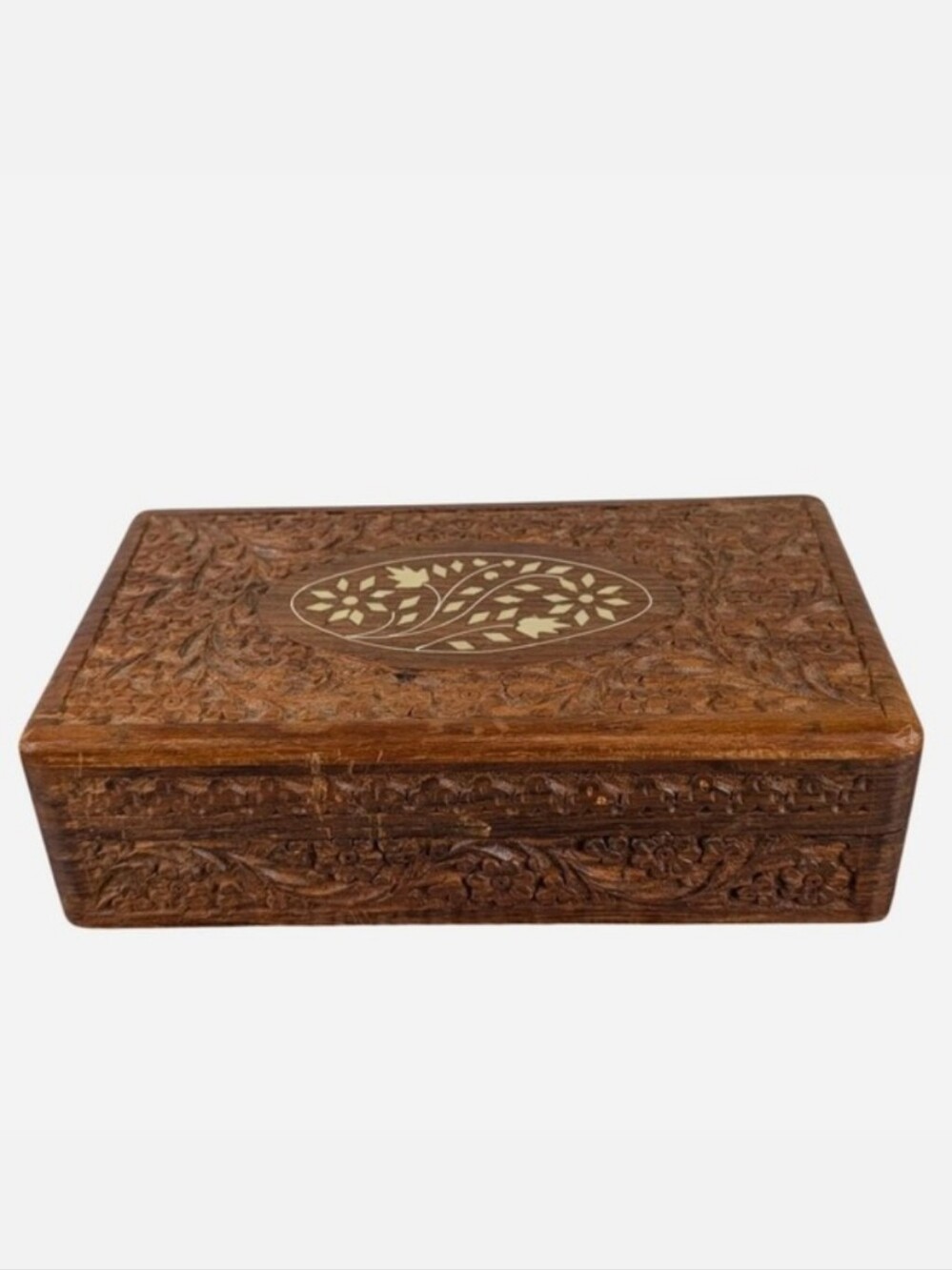 Hand Carved Wood Jewelry Box Floral Bone Inlay Blue Velvet Lined